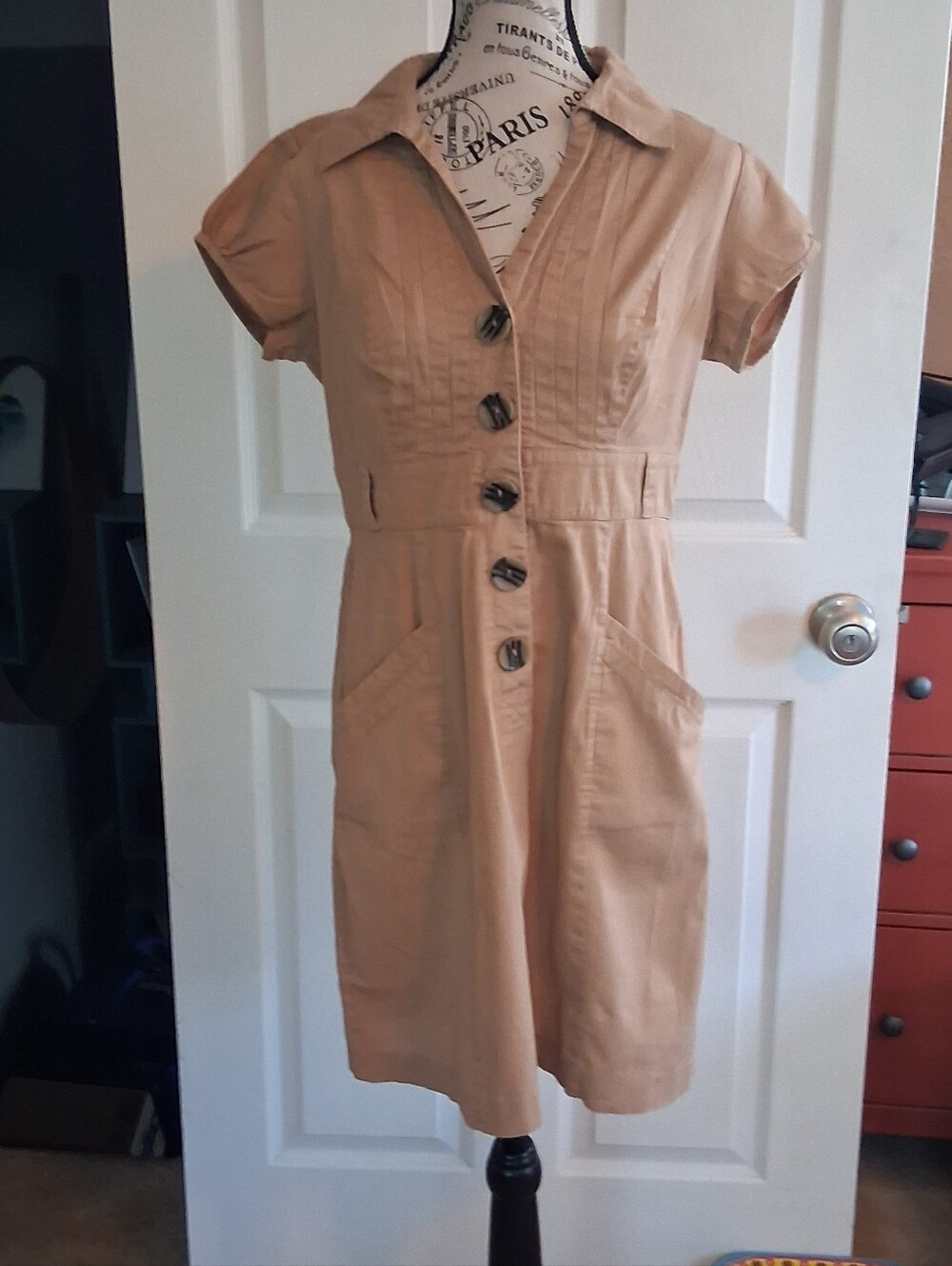Robbie Bee Tan Khaki Safari  Button-Front Shirt Knee Length Midi Dress 6